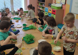 Wkładamy zielone sianko do koszyczków