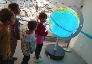Na zdjęciu kilkoro dzieci z zainteresowaniem ogląda podświetlany globus w muzeum. W tle widać ekspozycję przedstawiającą pingwiny i lodowy krajobraz, co wskazuje, że przedszkolaki poznają świat przyrody i różne kontynenty podczas edukacyjnej wycieczki.