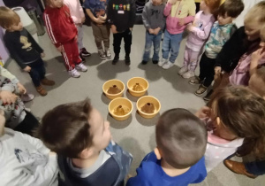 Na zdjęciu dzieci stoją w kręgu wokół misek, w których odbywa się doświadczenie naukowe. Przedszkolaki z zaciekawieniem obserwują, co dzieje się w naczyniach, ucząc się poprzez wspólne odkrywanie i eksperymentowanie.